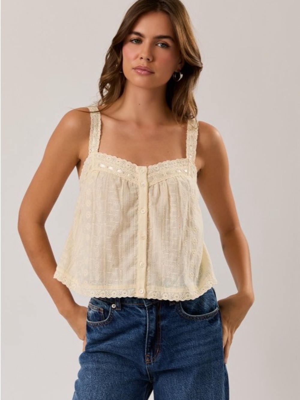 NWT 100% Cotton Yellow Dainty Lace-Trim Sleeveless Cropped Top - Picture 3 of 5
